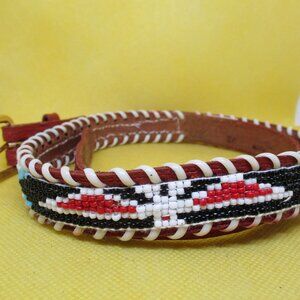 Seed Bead Tan Embossed Genuine Leather Belt Gold Tone Buckle Southwestern Belt